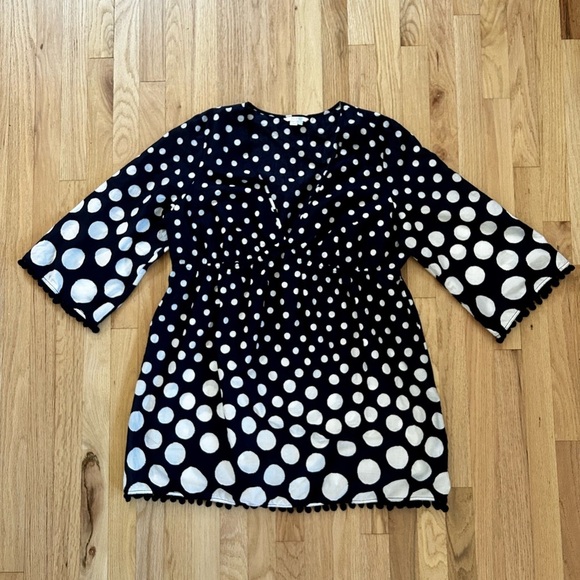 BODEN esmeralda beach kaftan pom pom navy white polka dot size 16 - Picture 2 of 10